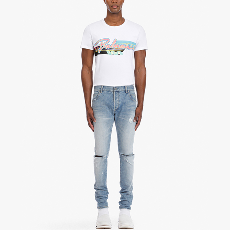Lookbook BALMAIN SS21 Jeans Kasual Denim Kapas Biru Distressed. VH1MG000006D-6AA