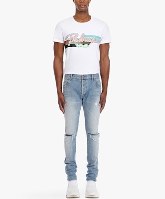 BALMAIN SS21 Jeans Kasual Denim Kapas Biru Distressed. VH1MG000006D-6AA Lookbook BALMAIN SS21 Jeans Kasual Denim Kapas Biru Distressed. VH1MG000006D-6AA