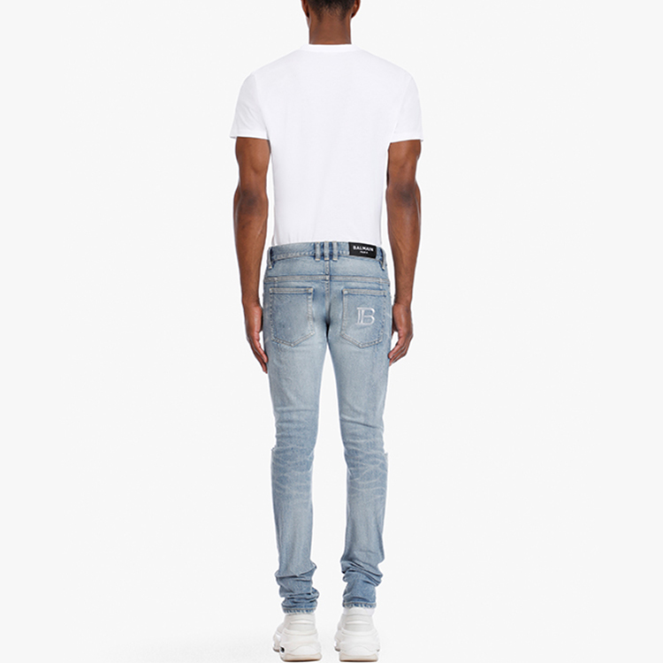Shop BALMAIN SS21 Jeans Kasual Denim Kapas Biru Distressed. VH1MG000006D-6AA