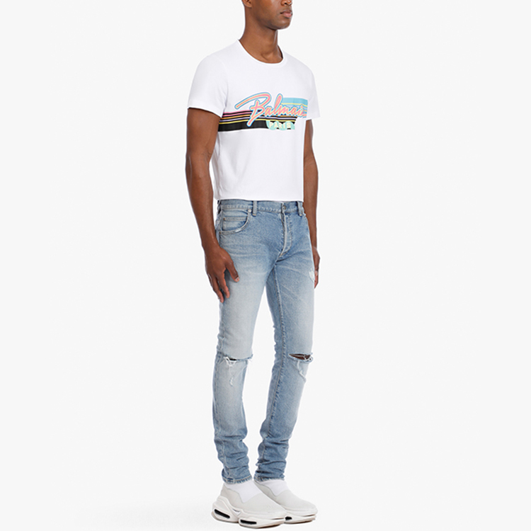 Purchase BALMAIN SS21 Jeans Kasual Denim Kapas Biru Distressed. VH1MG000006D-6AA