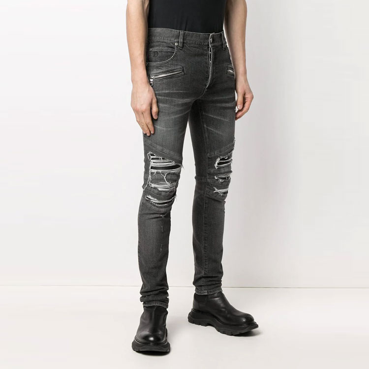 Shop BALMAIN SS21 Jeans Slim Fit Lelaki Hitam Kelabu Distressed VH1MG010001D-0PA