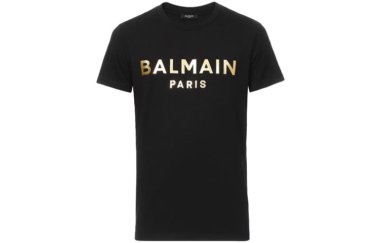 BALMAIN SS21 Gold Logo Crewneck Short Sleeve T-Shirt Black (). VH1EF000-B065-0PA