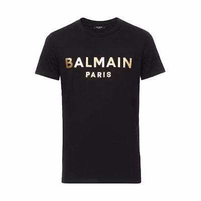 BALMAIN SS21 Gold Logo Crewneck Short Sleeve T-Shirt Black (). VH1EF000-B065-0PA