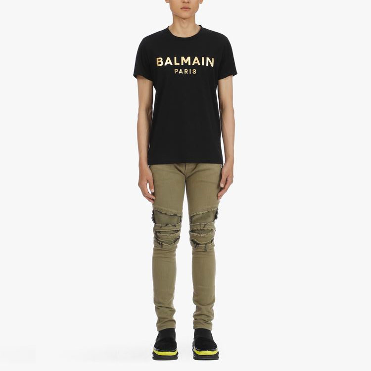 Lookbook BALMAIN 2021春夏金色徽标圆领短袖T恤 黑色 VH1EF000-B065-0PA