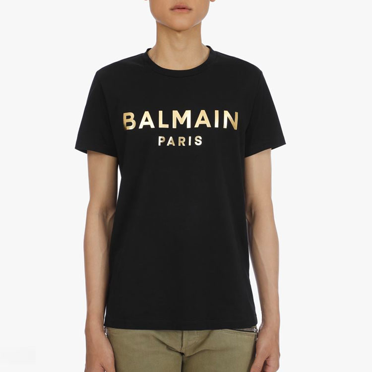 Sizing BALMAIN 2021春夏金色徽标圆领短袖T恤 黑色 VH1EF000-B065-0PA