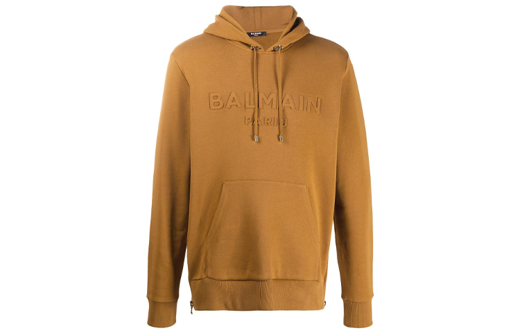 Balmain SS21 Logo Embroidered Pullover Hoodie Tan UH03642I335-8FA