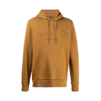 Balmain SS21 Logo Embroidered Pullover Hoodie Tan UH03642I335-8FA