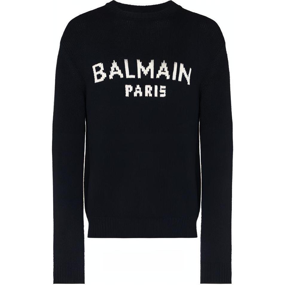 BALMAIN SS21 Loose-Fit Letter Pattern Knit Sweater in Navy Blue. WH1KD000-K027-SAJ