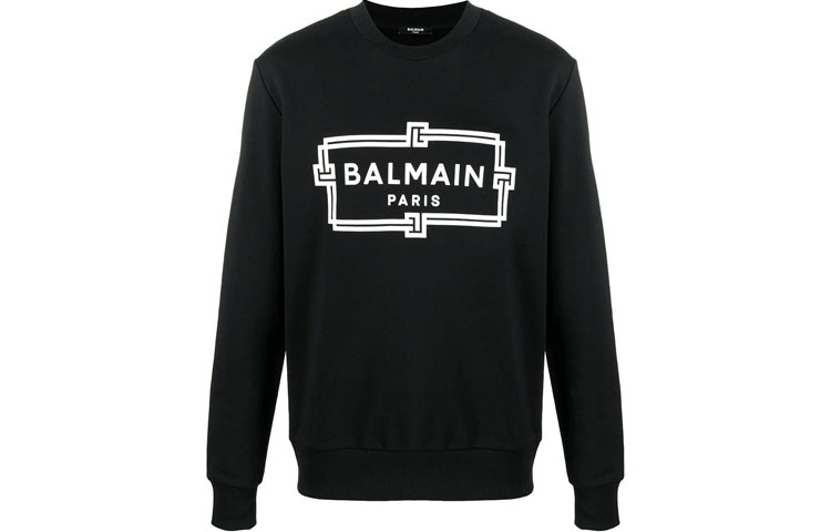 Balmain SS21 Rectangular Logo Crewneck Sweatshirt Black VH0JQ040-G066-EAB