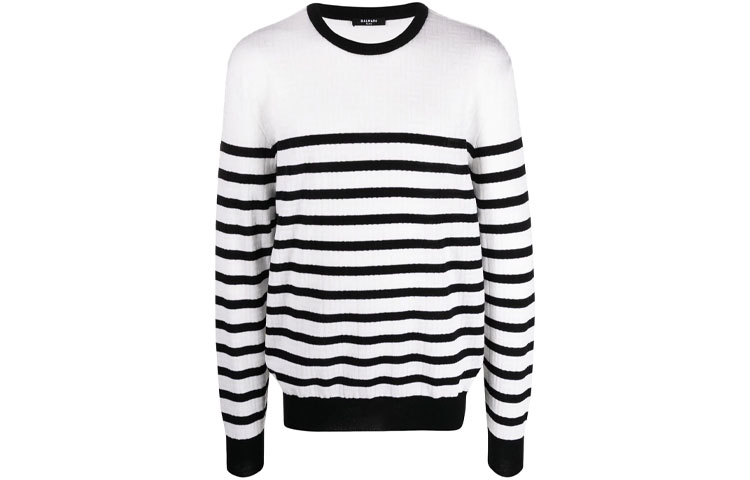 BALMAIN SS21 White Logo Pattern Striped Long Sleeve Pullover Sweater WH1KD000K032-GAB
