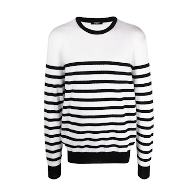 BALMAIN SS21 White Logo Pattern Striped Long Sleeve Pullover Sweater WH1KD000K032-GAB