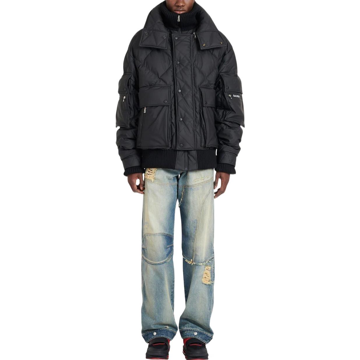 Shop 발망 SS22 블랙 솔리드 지퍼업 패딩 자켓 YH1TP065XC030PA