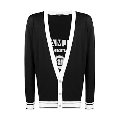 BALMAIN SS22 Black V-Neck Striped Logo Knit Cardigan Sweater. VH1KL002K012-EAB