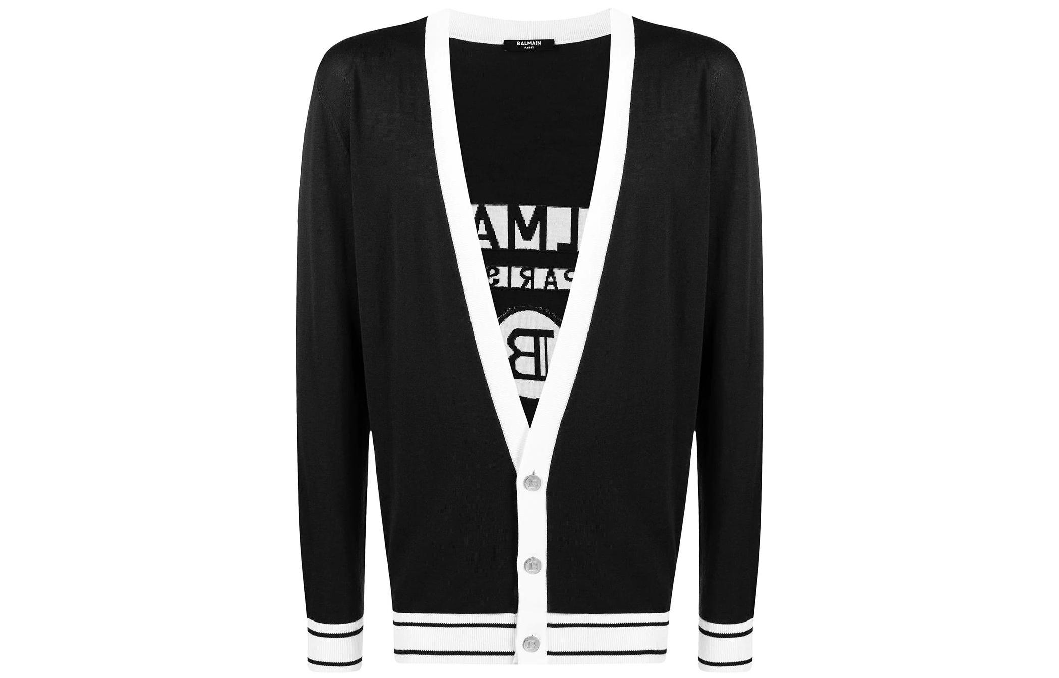 Order BALMAIN SS22  Black V-Neck Striped Logo Knit Cardigan Sweater. VH1KL002K012-EAB