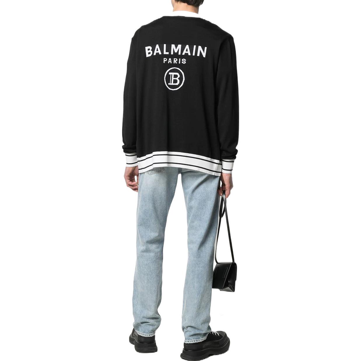 Lookbook BALMAIN SS22  Black V-Neck Striped Logo Knit Cardigan Sweater. VH1KL002K012-EAB