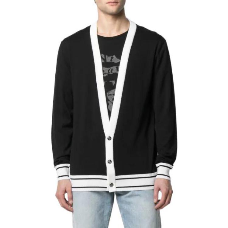 Shop BALMAIN SS22  Black V-Neck Striped Logo Knit Cardigan Sweater. VH1KL002K012-EAB