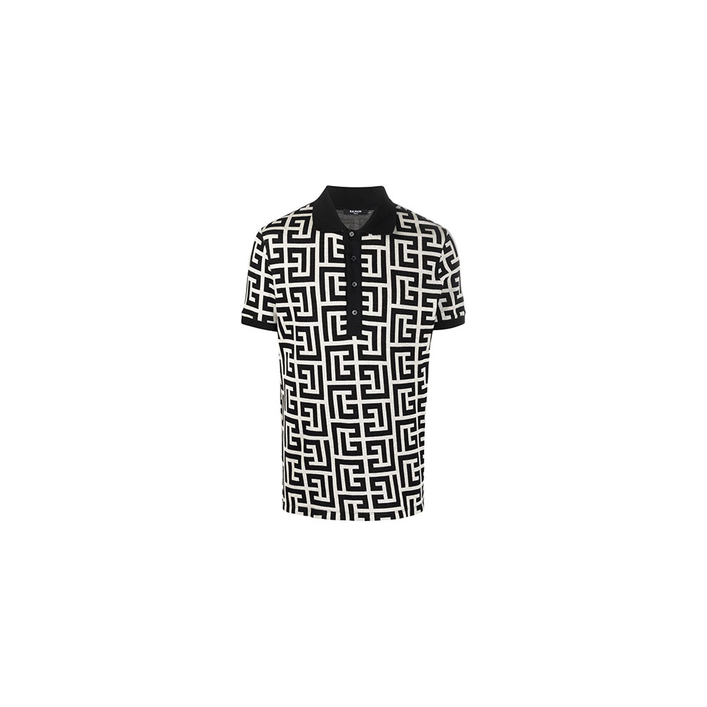 BALMAIN SS22  Classic Logo All-Over Print Black Polo Shirt XH1GB000JB70-GFE