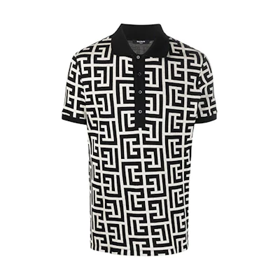 BALMAIN SS22 Classic Logo All-Over Print Black Polo Shirt XH1GB000JB70-GFE