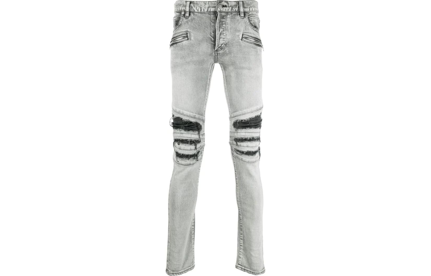 BALMAIN SS22  Grey Distressed Denim Jeans with Logo Patch. WH1MG010147D9FK