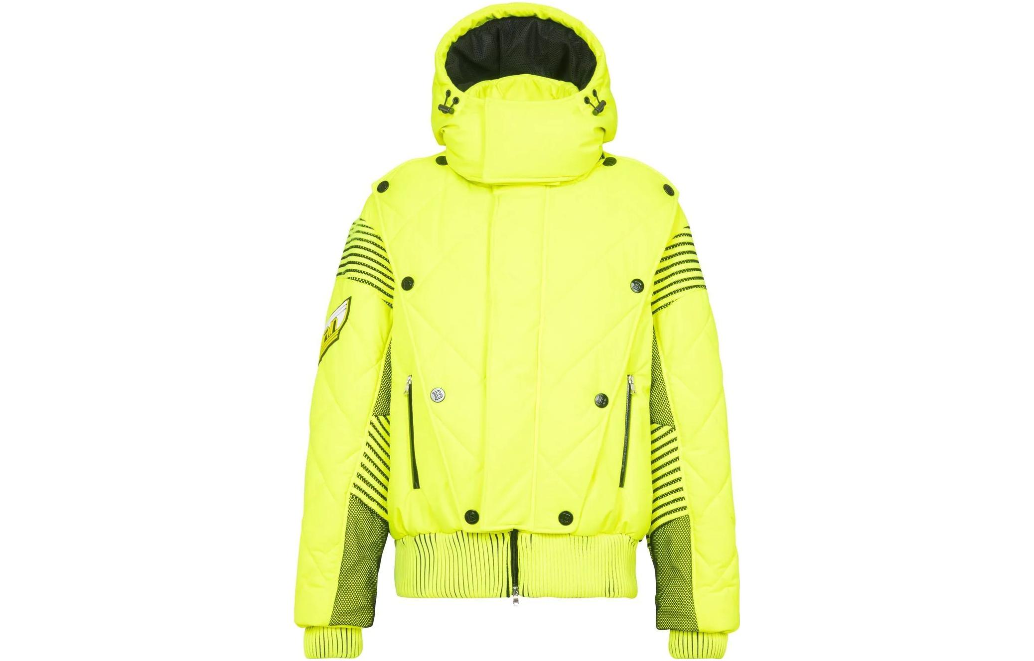 BALMAIN SS22  Neon Green Logo Quilted Hooded Jacket YH1TP070XD001KB