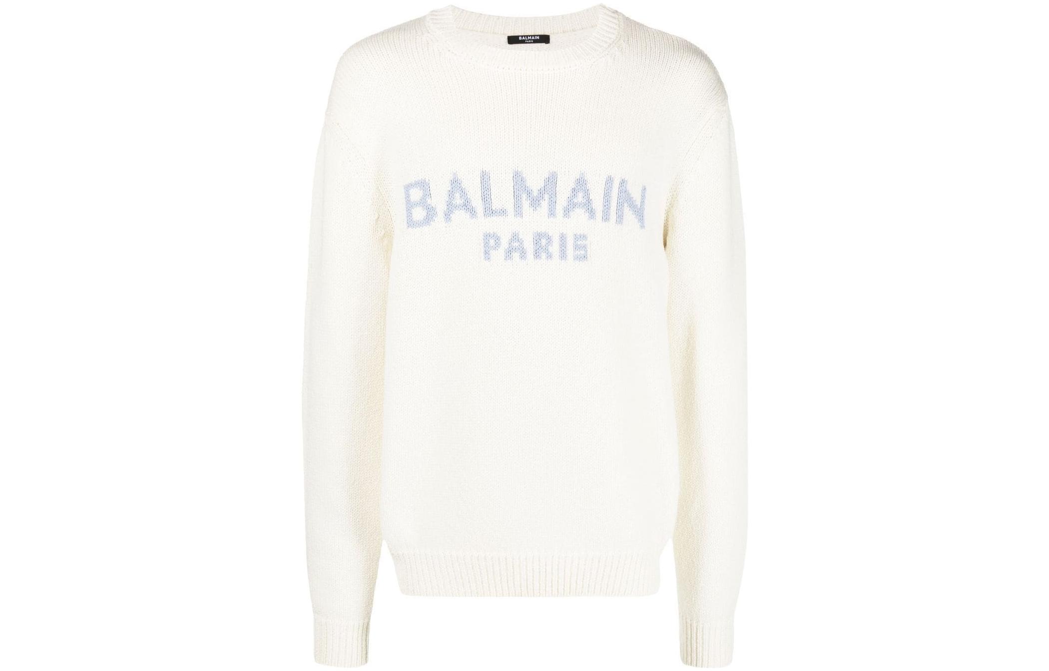 BALMAIN SS22  White Knit Wool Sweater with Letter Logo. YH1KD000KB13GFQ