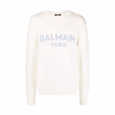 BALMAIN SS22 White Knit Wool Sweater with Letter Logo. YH1KD000KB13GFQ