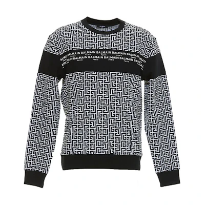 Balmain SS22 All-Over Print Crewneck Long Sleeve Sweatshirt Grey () JQ040BB18-GGO