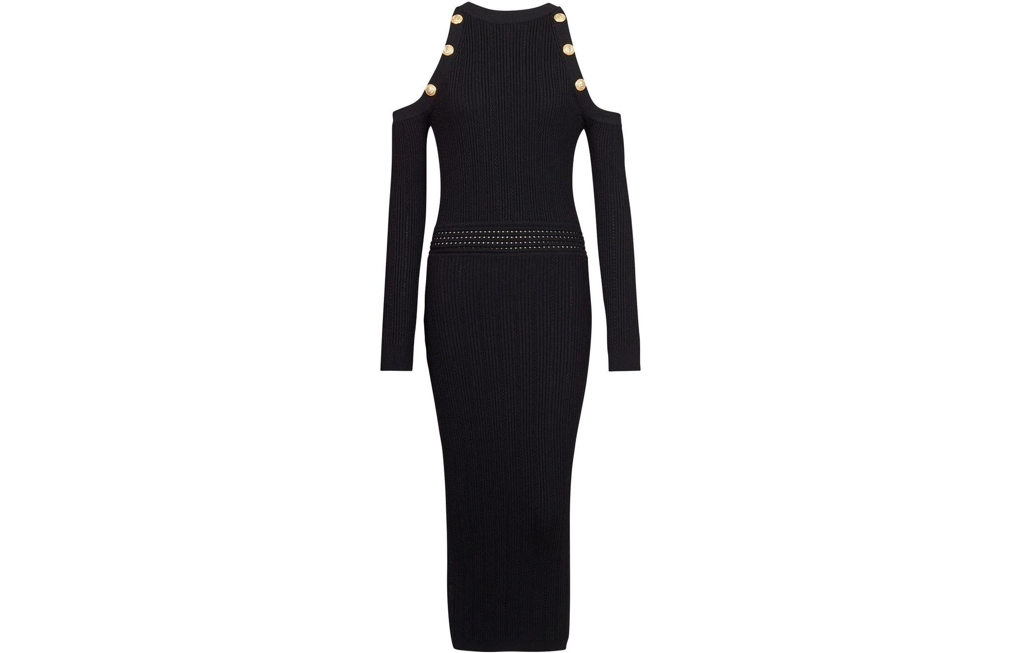BALMAIN SS22 Black Off-Shoulder Knit Long Sleeve Dress. YF1RL035KB39-0PA