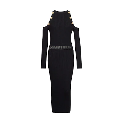 BALMAIN SS22 Black Off-Shoulder Knit Long Sleeve Dress. YF1RL035KB39-0PA