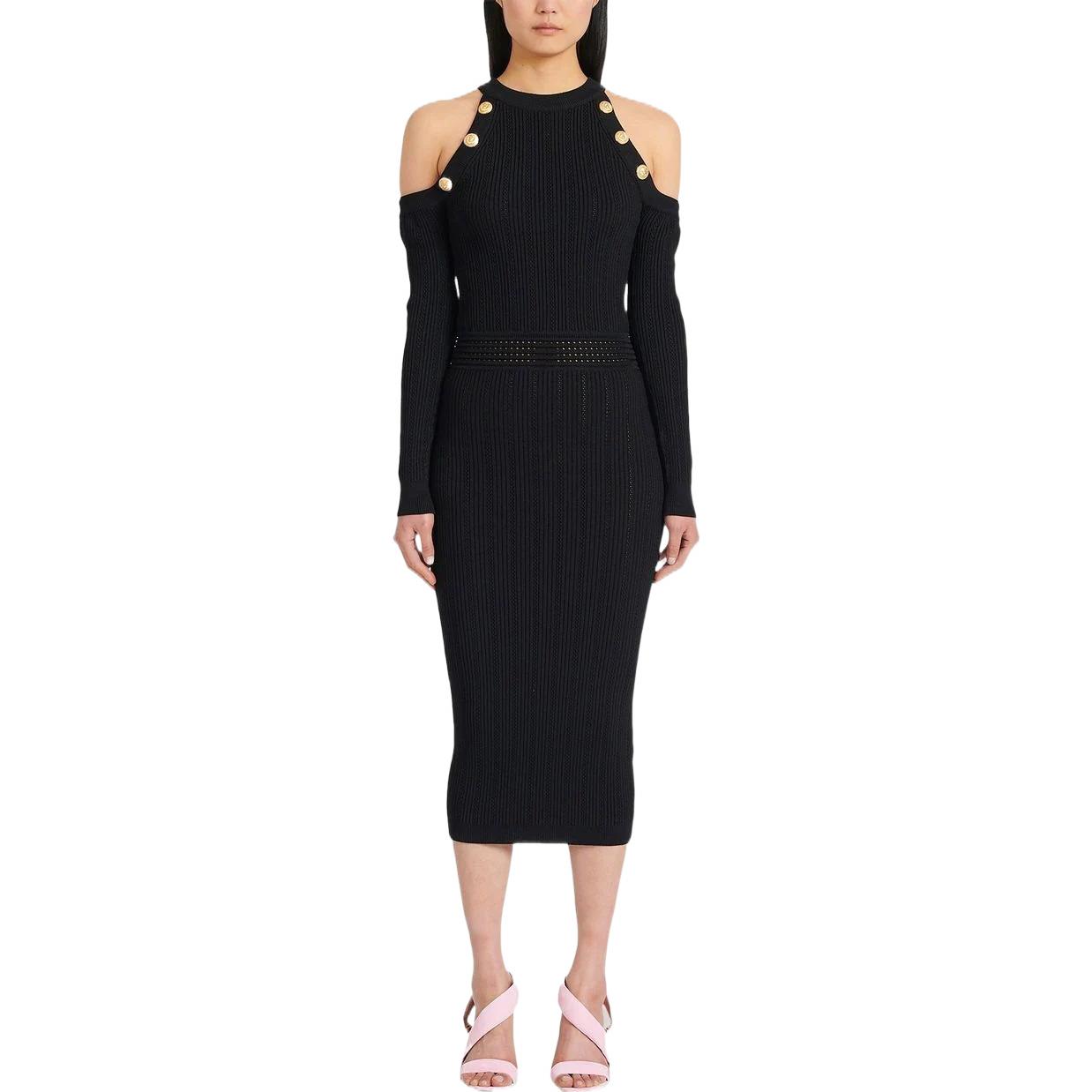 Lookbook 巴尔曼 SS22 黑色露肩针织长袖连衣裙. YF1RL035KB39-0PA