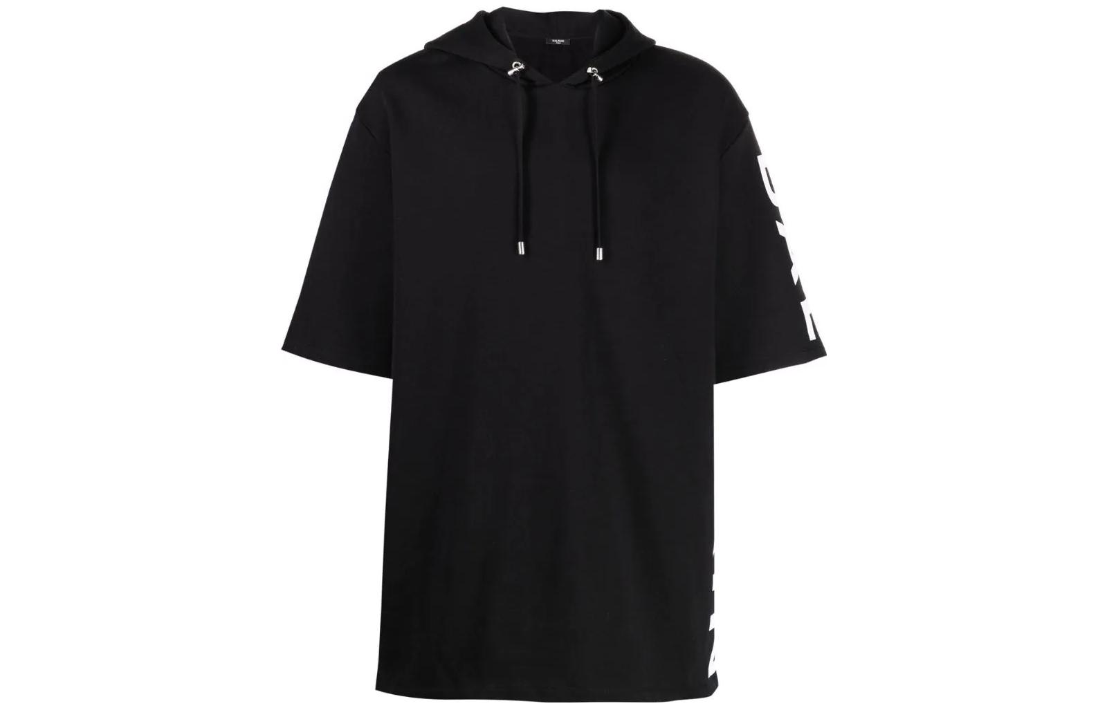 Balmain SS22 Black Short-Sleeve Hoodie with Logo Print for Men YH1JL000BB15EAB