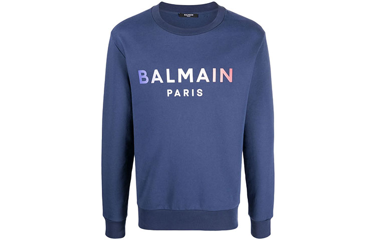 Balmain SS22 Blue Letter Print Crewneck Pullover Sweatshirt for Men XH2JQ040BB556AH