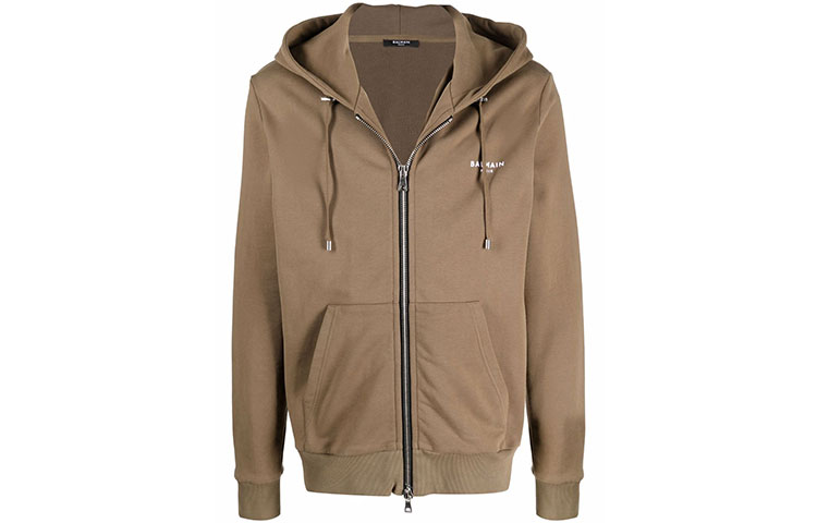 Balmain SS22 Brown Zip-Up Hoodie Jacket with Logo Print for Men XH1JX000BB04WBR