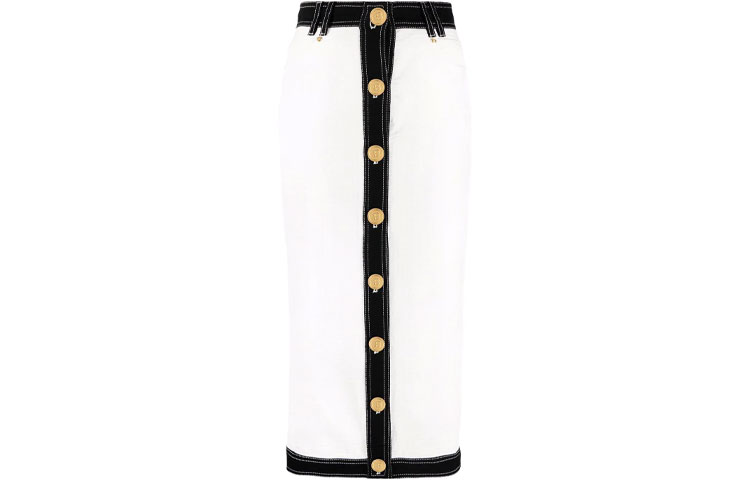 BALMAIN SS22 Contrast Trim Buttoned Midi Skirt White. XF1LD025DB57-GAB
