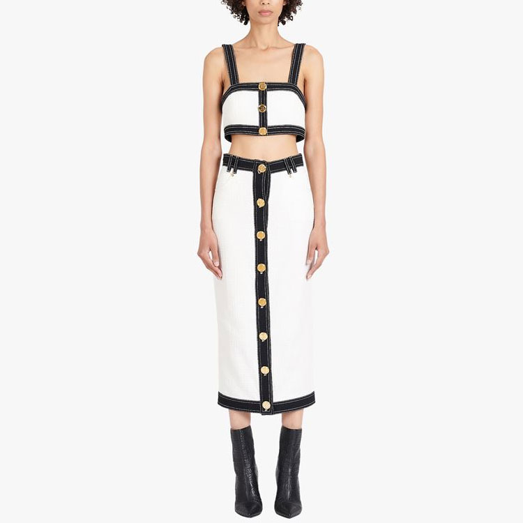 Lookbook 발망 SS22 대비 트림 버튼 미디 스커트 화이트. XF1LD025DB57-GAB