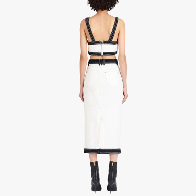 Shop 발망 SS22 대비 트림 버튼 미디 스커트 화이트. XF1LD025DB57-GAB