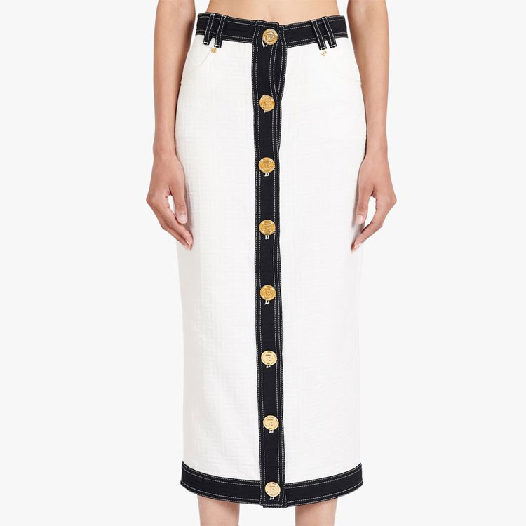 Sizing 발망 SS22 대비 트림 버튼 미디 스커트 화이트. XF1LD025DB57-GAB