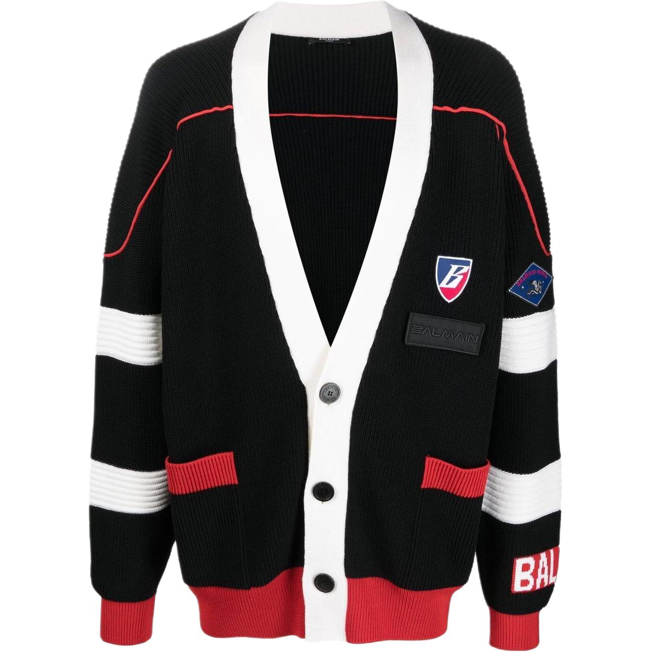 BALMAIN SS22 Contrast V-Neck Logo Patch Knit Sweater Black . YH1KL035KC07EBE