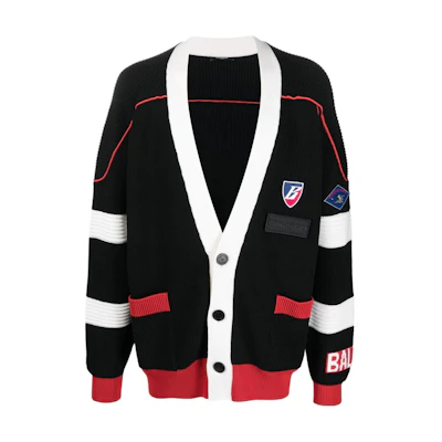 BALMAIN SS22 Contrast V-Neck Logo Patch Knit Sweater Black . YH1KL035KC07EBE