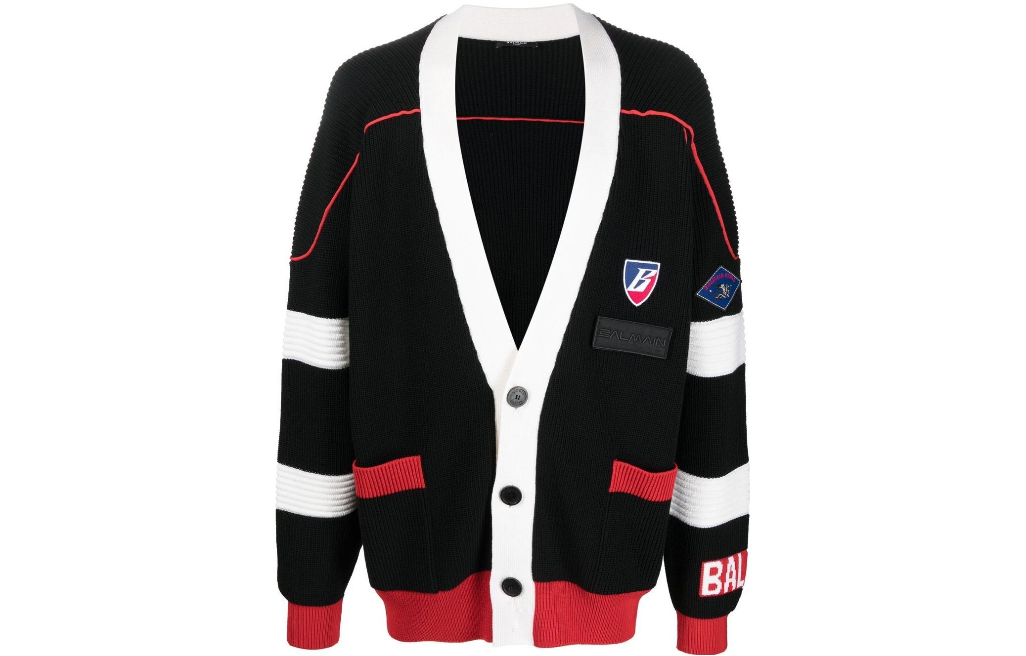 Order BALMAIN SS22 Sweater Rajut Hitam V-Neck Logo Patch Kontras. YH1KL035KC07EBE