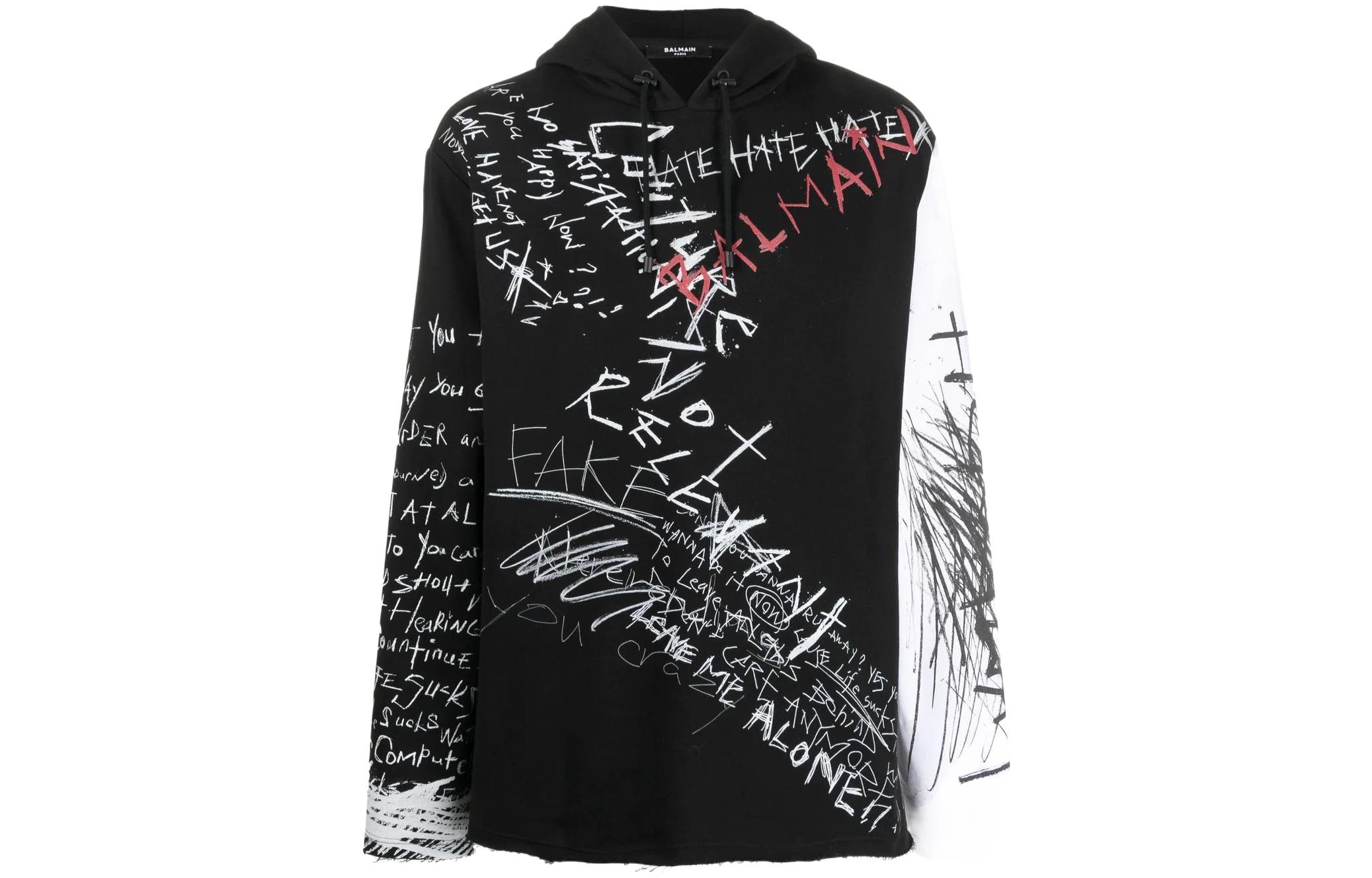 Balmain SS22 Graffiti Print Drawstring Hoodie Black YH1JT135GB70EAB