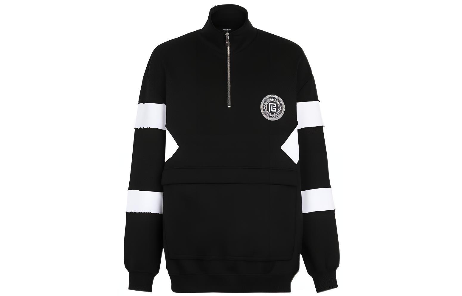 Balmain SS22 Logo Colorblock Half-Zip Pullover Hoodie Black XH0JS060-00JB-EAB