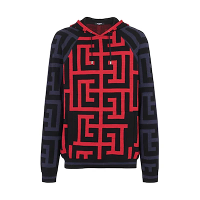 Balmain SS22 Logo Print Drawstring Hoodie Blue/Red () YH1JR071KC42EGD