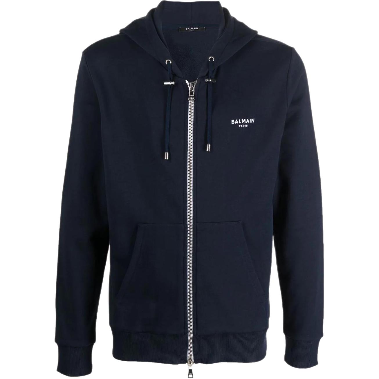 Balmain SS22 Navy Zip-Up Sweatshirt with Logo Print XH1JX000BB04SAJ