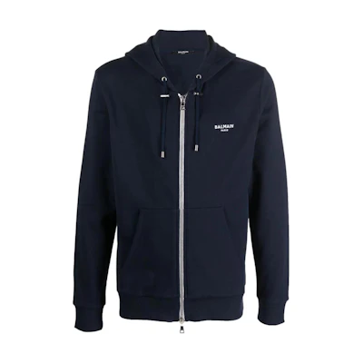 Balmain SS22 Navy Zip-Up Sweatshirt with Logo Print XH1JX000BB04SAJ
