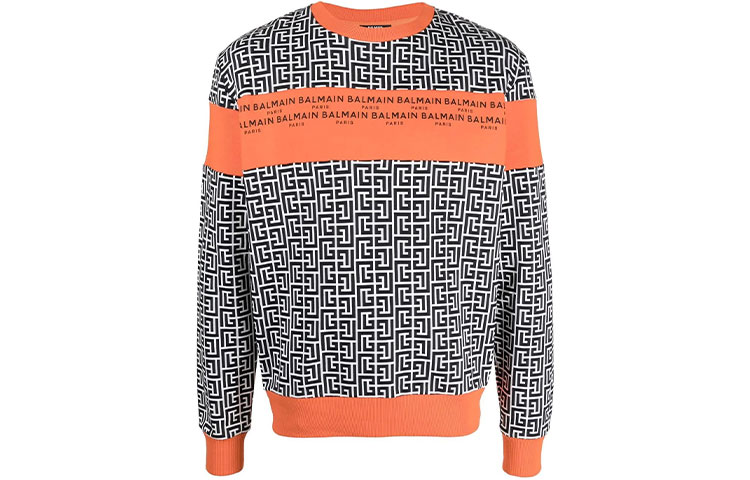 Balmain SS22 Orange Full-Print Patchwork Crewneck Sweatshirt XH1JQ040BB18-GIA
