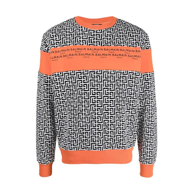 Balmain SS22 Orange Full-Print Patchwork Crewneck Sweatshirt XH1JQ040BB18-GIA