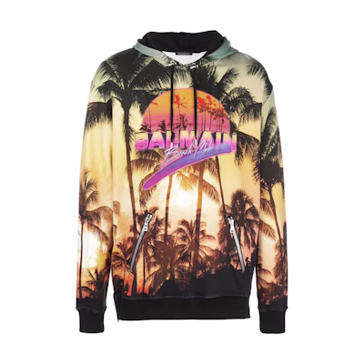 Balmain SS22 Palm Print Logo Hoodie Multicolor Long Sleeve RH13248I025MULTICOLOR