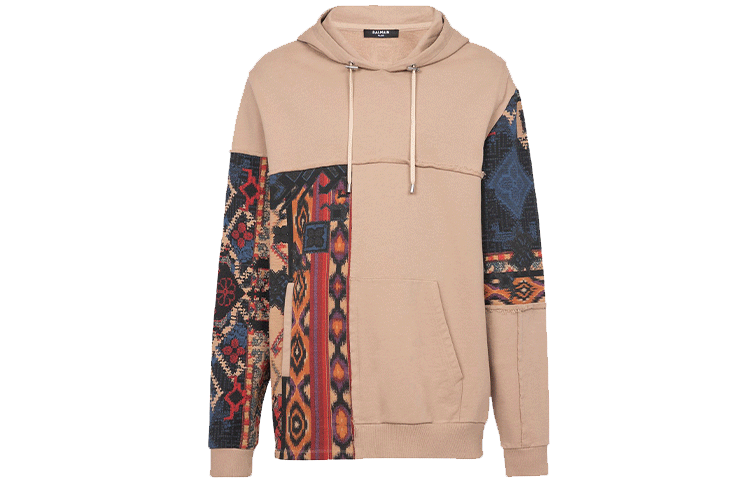 Balmain SS22 Patchwork Print Hoodie Beige Mens XH1JT048GB15-GFN