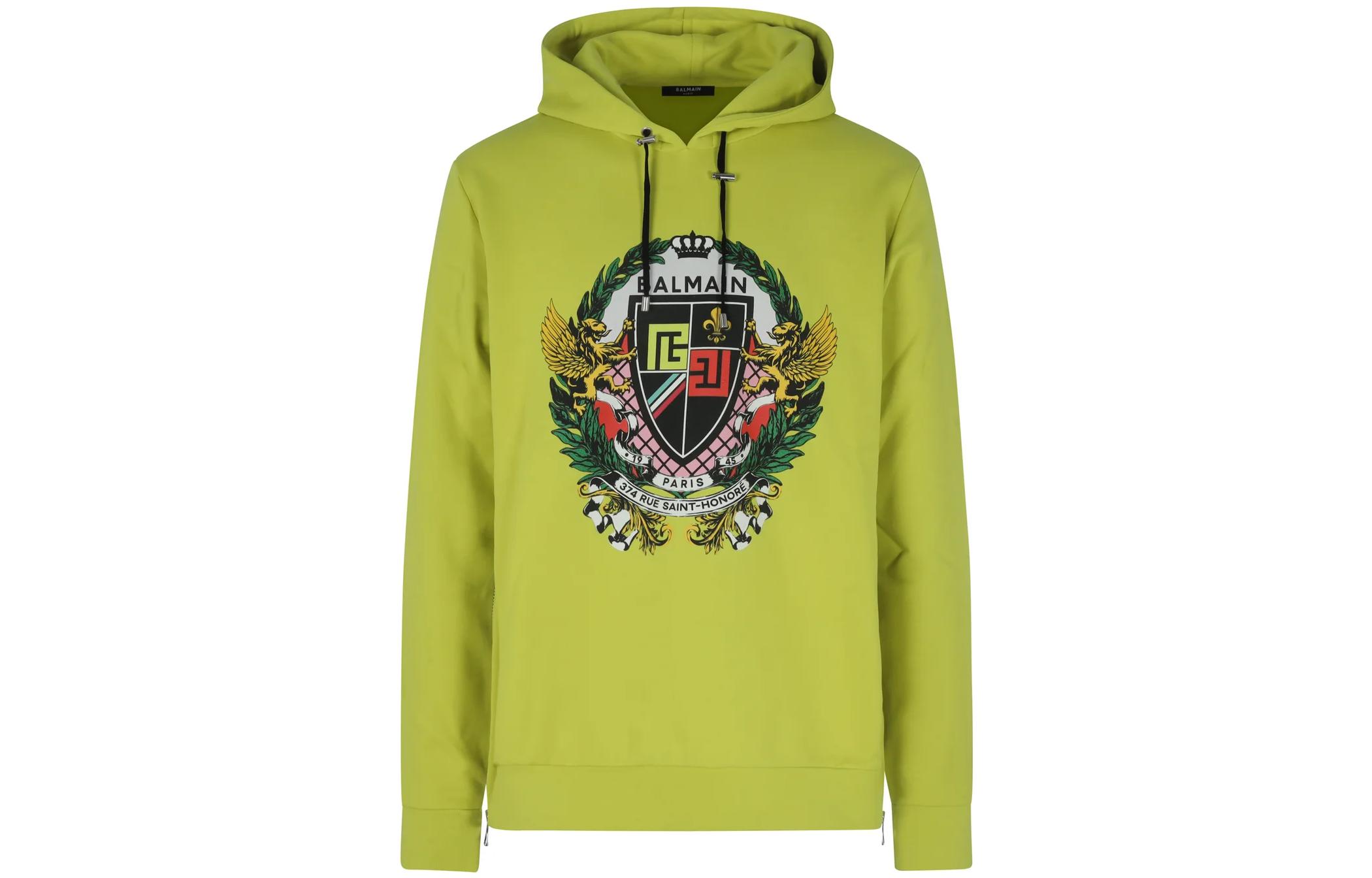 Balmain SS22 Pattern Print Pullover Hoodie Green - Long Sleeve VH0JT045G056UCT